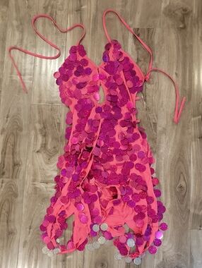 ❄️3/$3 Hot Pink Fuchsia Sequin Fringe Halter Dress - Bellydance Latin Dance